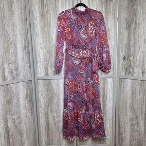Tahari Maxi Dress Bohemian Paisley Ruffle Long Sleeves Size 6 NWT